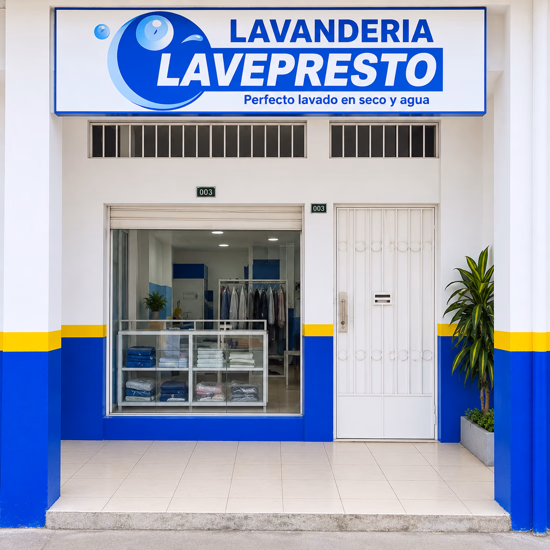Fachada del local de Lavepresto en el centro de Quevedo, con su letrero azul y blanco